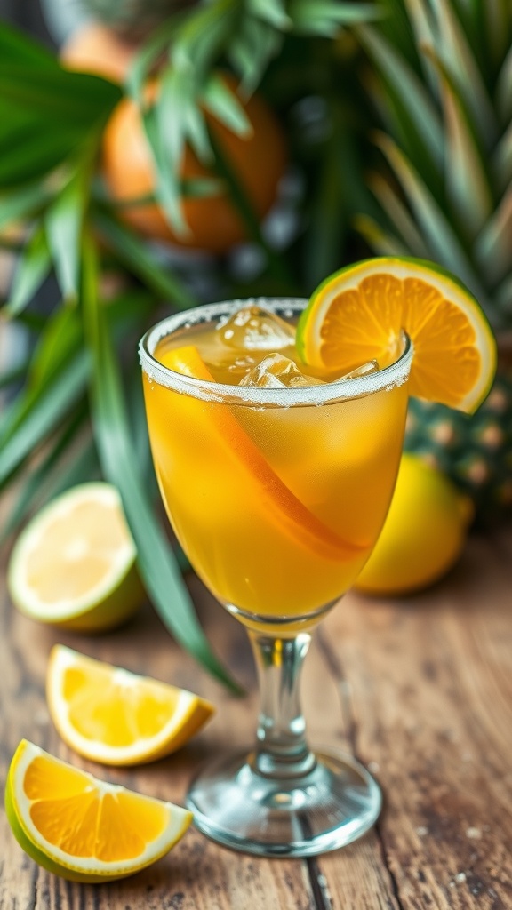 A colorful Tropical Margarita Rum Fusion in a glass, garnished with lime and orange, on a wooden table with tropical fruits.